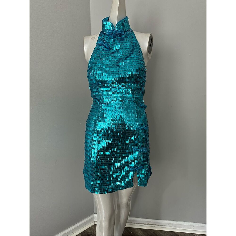 NWT Sau Lee Sequins Sleeveless Open Back Mae Mini Dress Peacock Blue Size 0 $395 - Picture 5 of 12